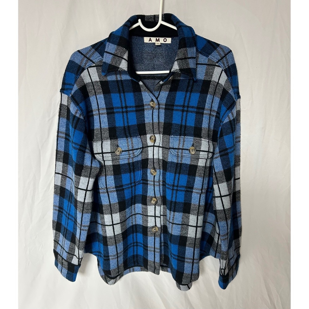 AMO Blue Black Plaid Wool Blend Shacket Button Down Shirt Jacket Women's Small